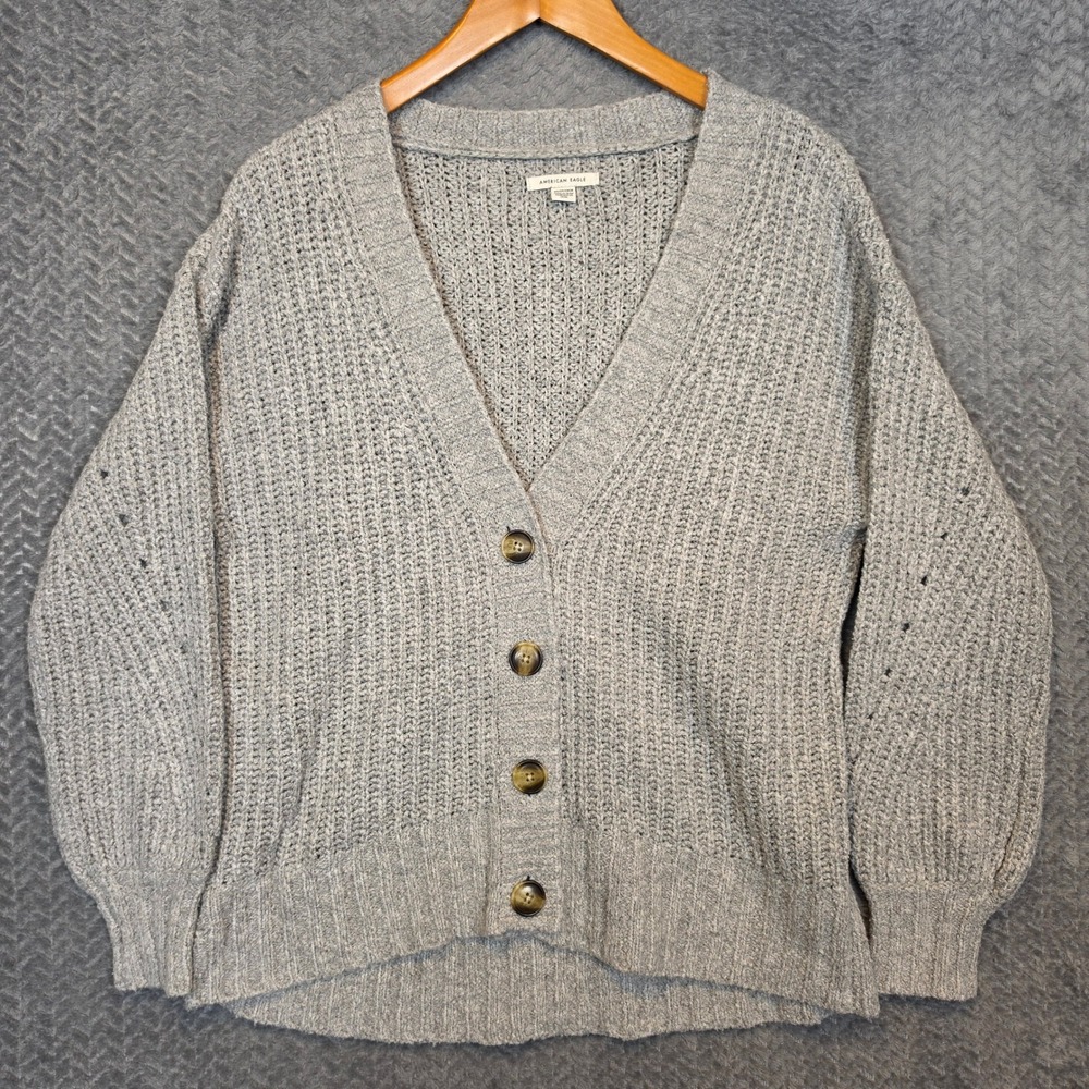 American Eagle Womens Gray Chunky Knit V-Neck Button Front Cardigan Sweater XS